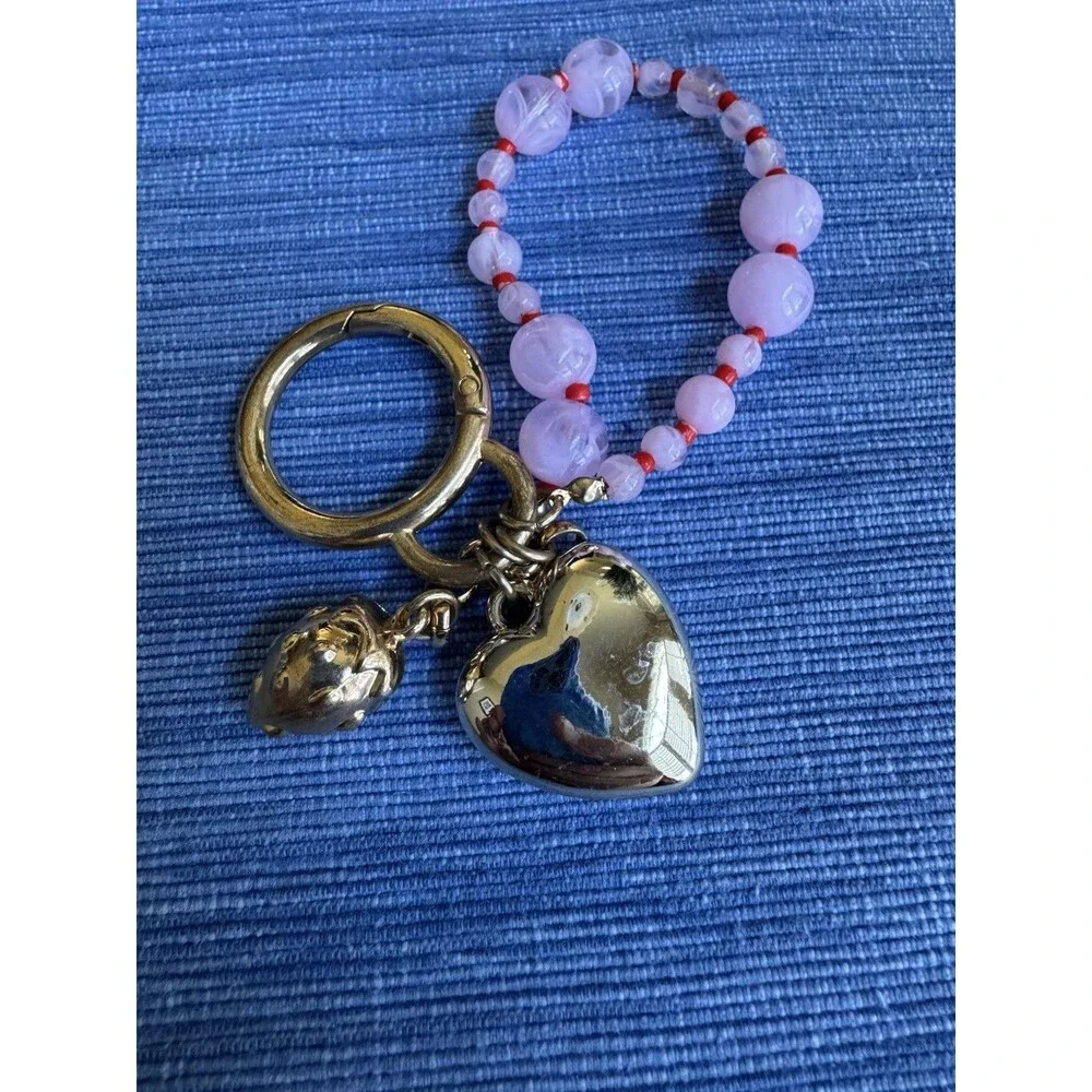 Y2K Pink Beaded Heart Keychain Purse Charm Clip Bracelet‎